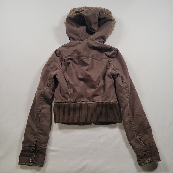 Abercrombie Women Hooded Cropped Jacket Large Brown Faux Fur Lined Zip Button - Picture 10 of 10